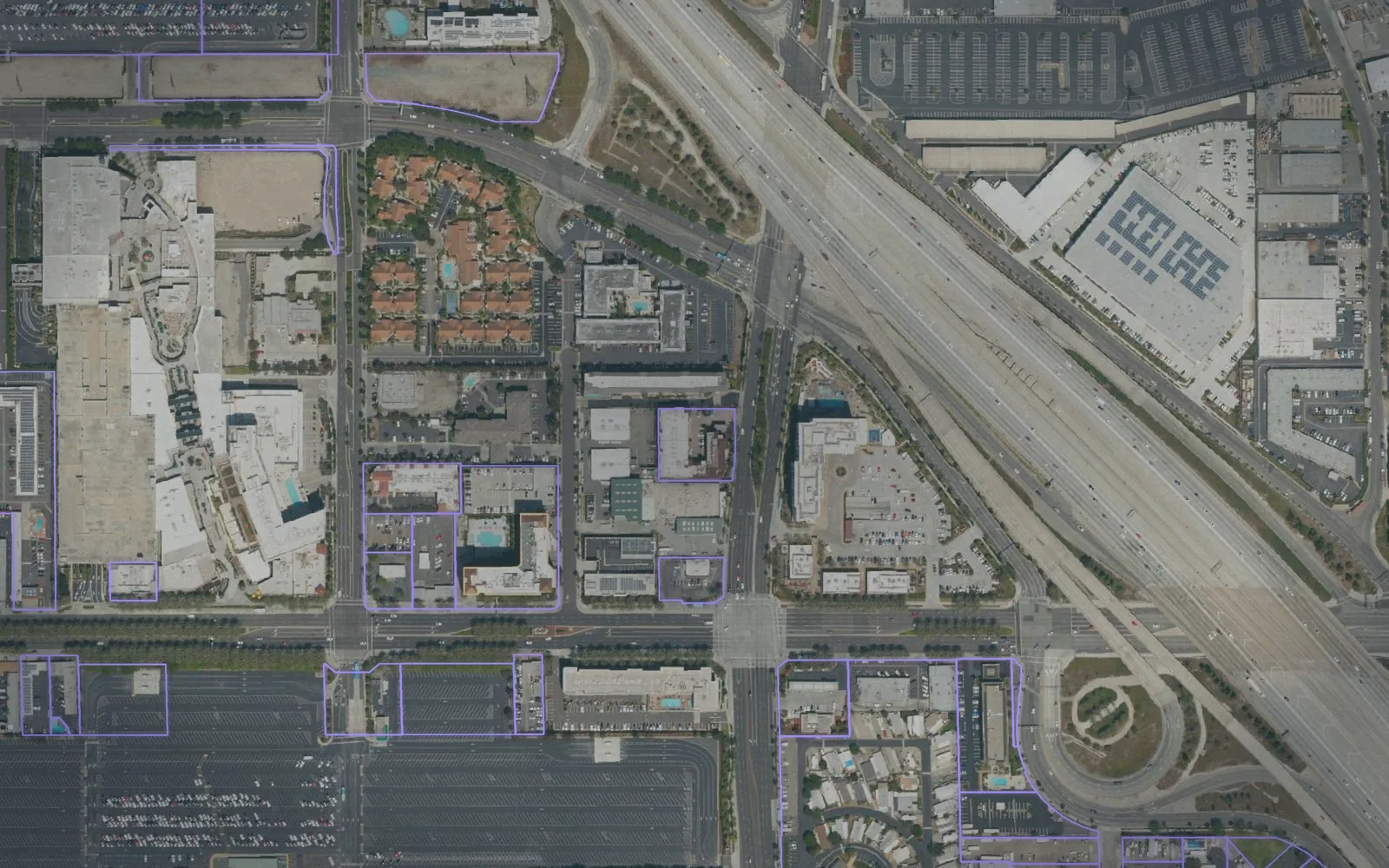 Parcel boundaries over aerial imagery of Orange County, California