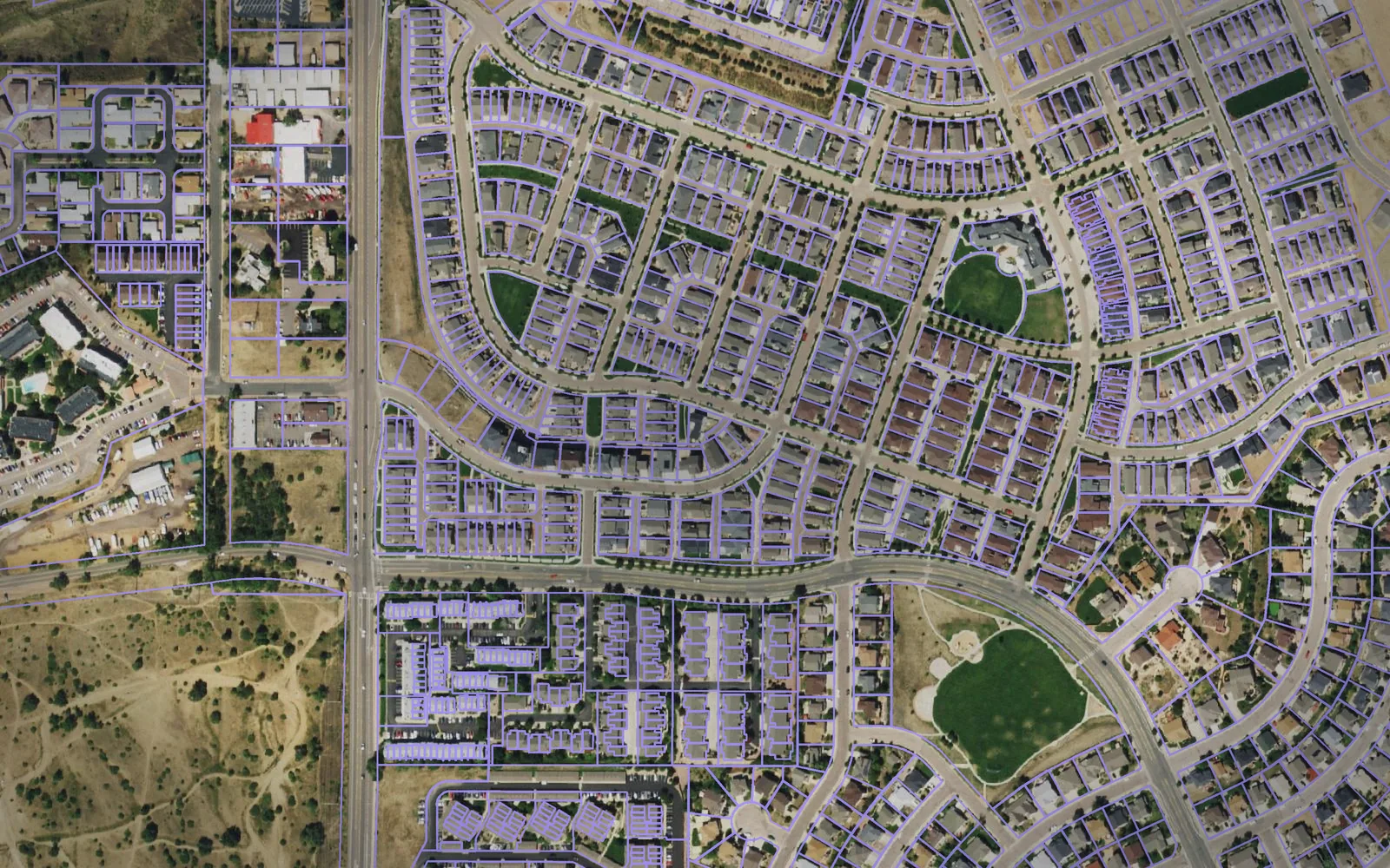 Parcel boundaries over aerial imagery of El Paso County, Colorado