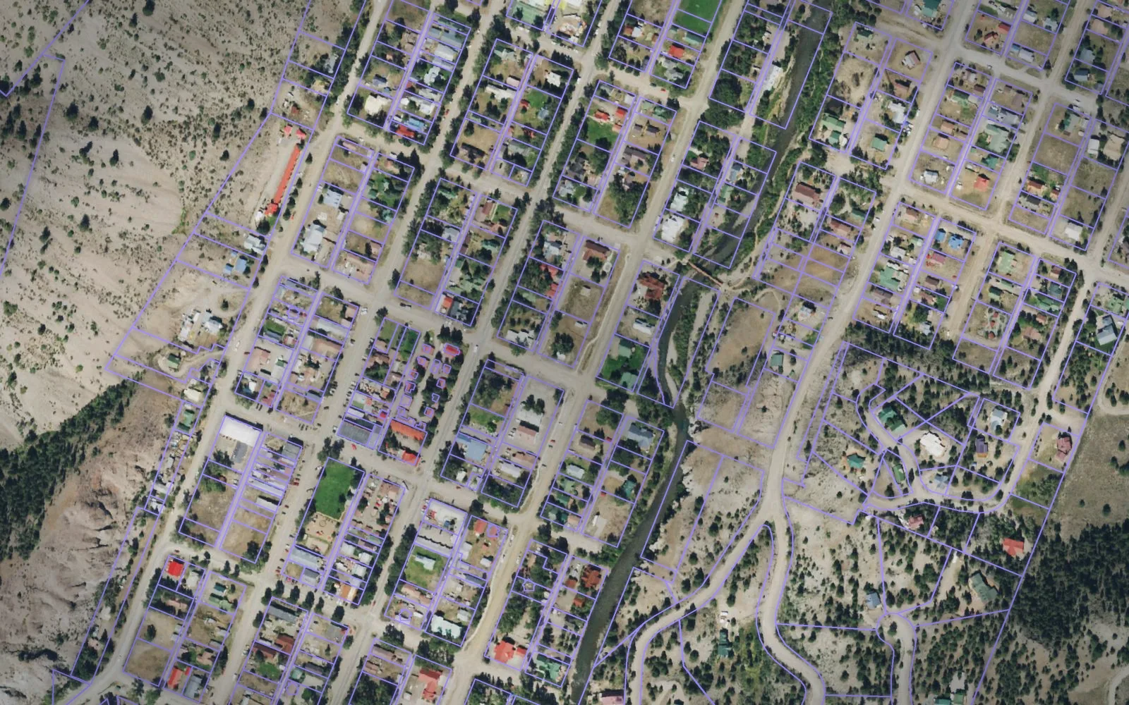 Parcel boundaries over aerial imagery of Hinsdale County, Colorado