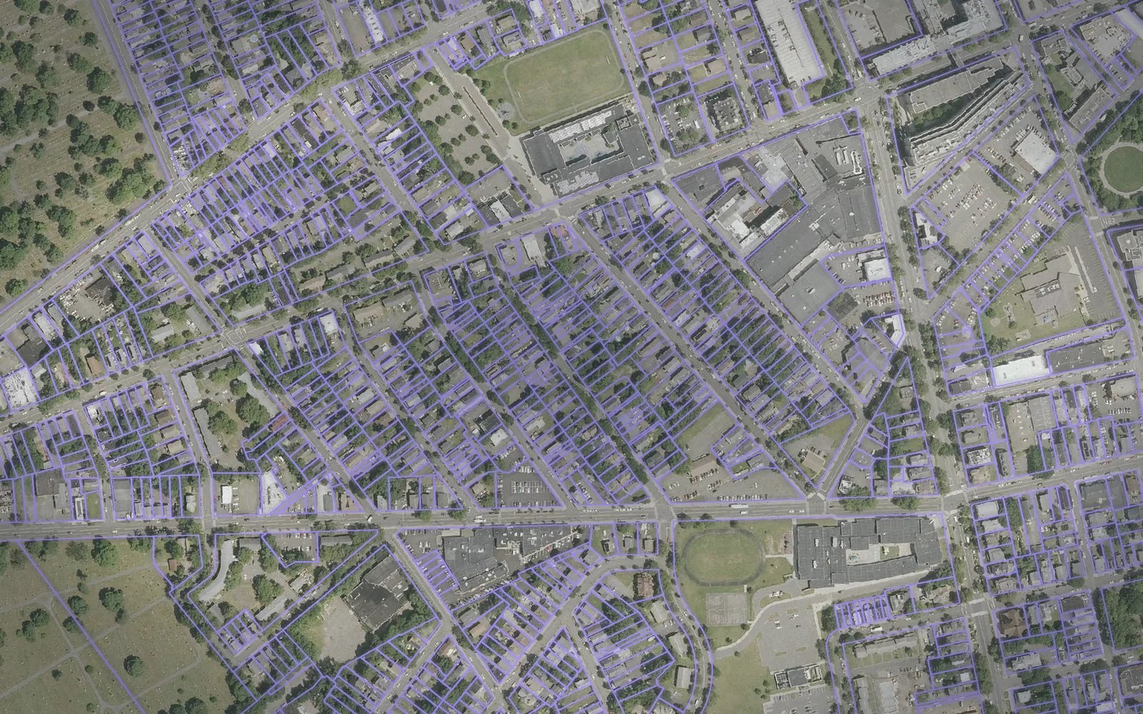 Parcel boundaries over aerial imagery of South Central Connecticut Planning Region, Connecticut