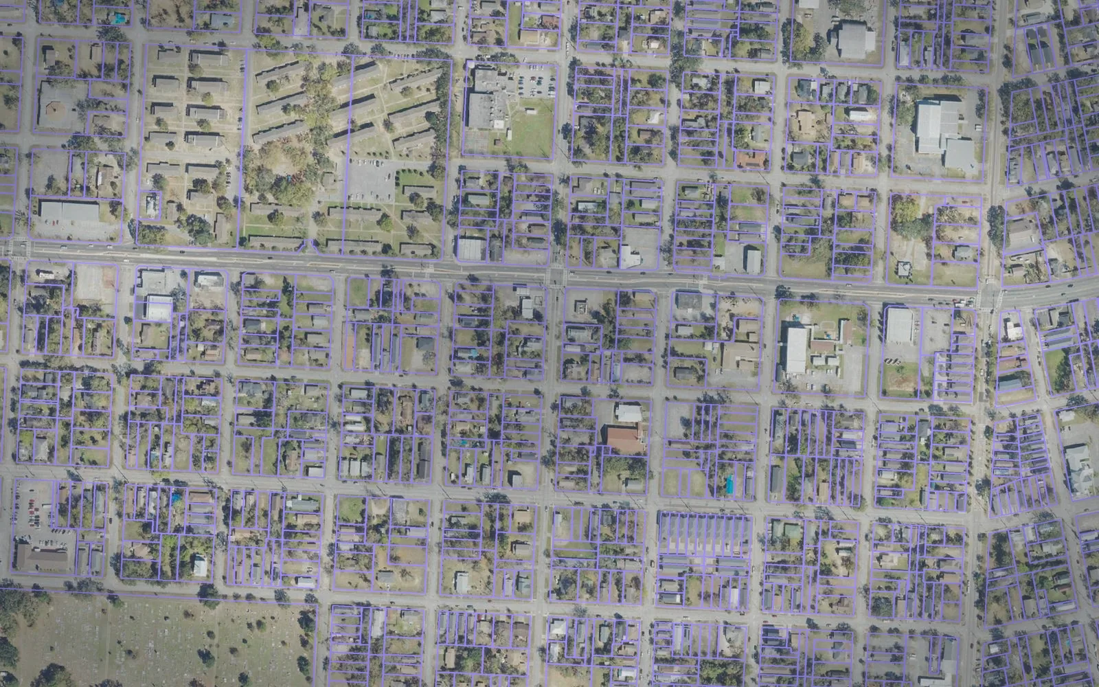 Parcel boundaries over aerial imagery of Escambia County, Florida