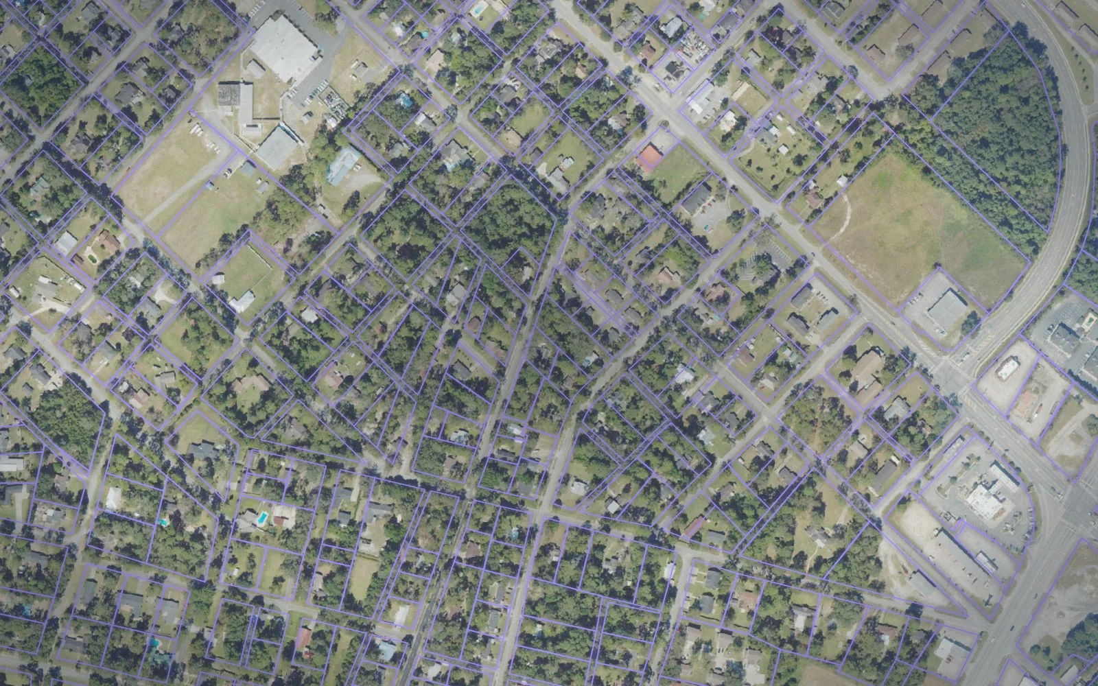 Parcel boundaries over aerial imagery of Wayne County, Georgia