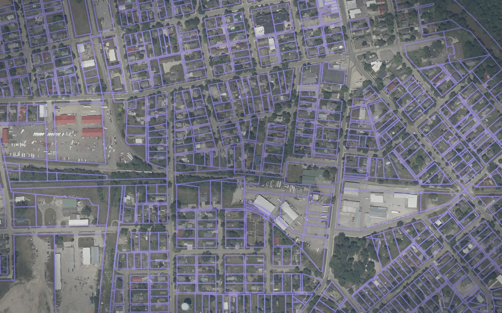 Parcel boundaries over aerial imagery of Adams County, Indiana