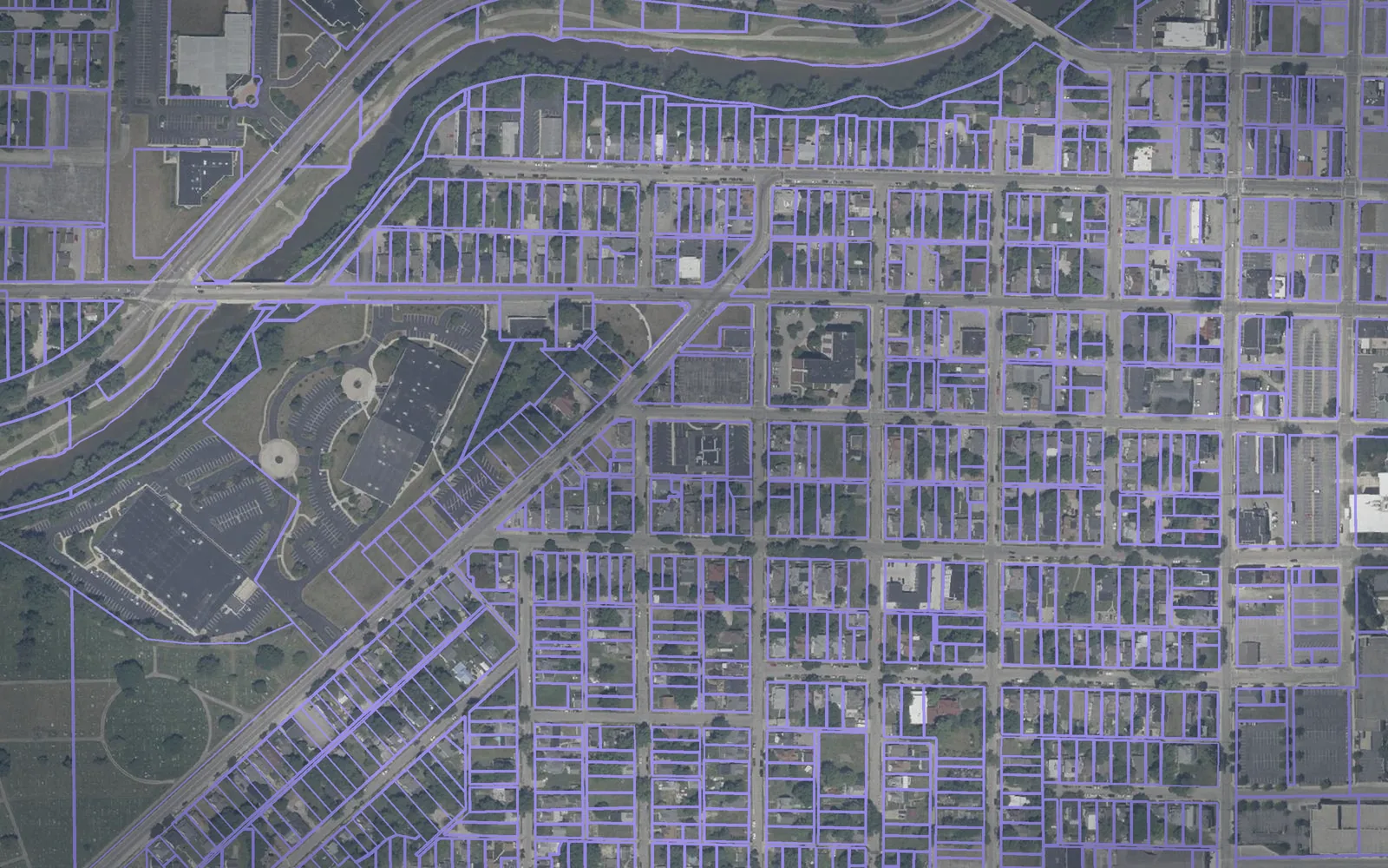 Parcel boundaries over aerial imagery of Delaware County, Indiana