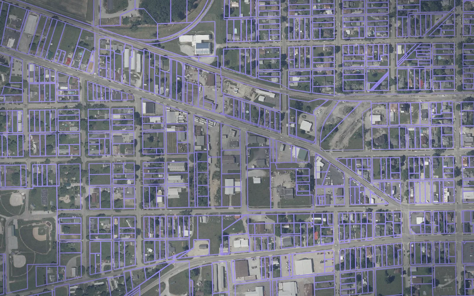 Parcel boundaries over aerial imagery of Rush County, Indiana