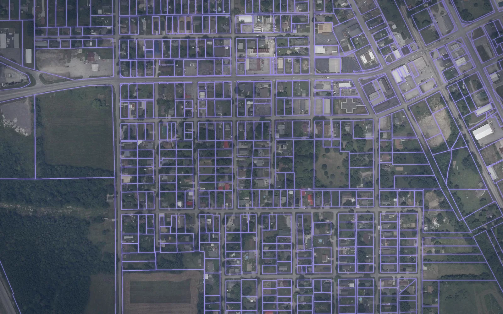 Parcel boundaries over aerial imagery of Scott County, Indiana