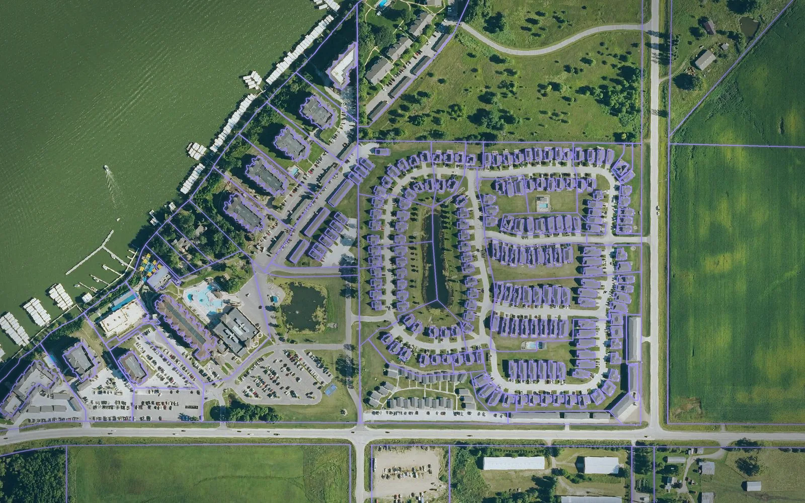 Parcel boundaries over aerial imagery of Dickinson County, Iowa