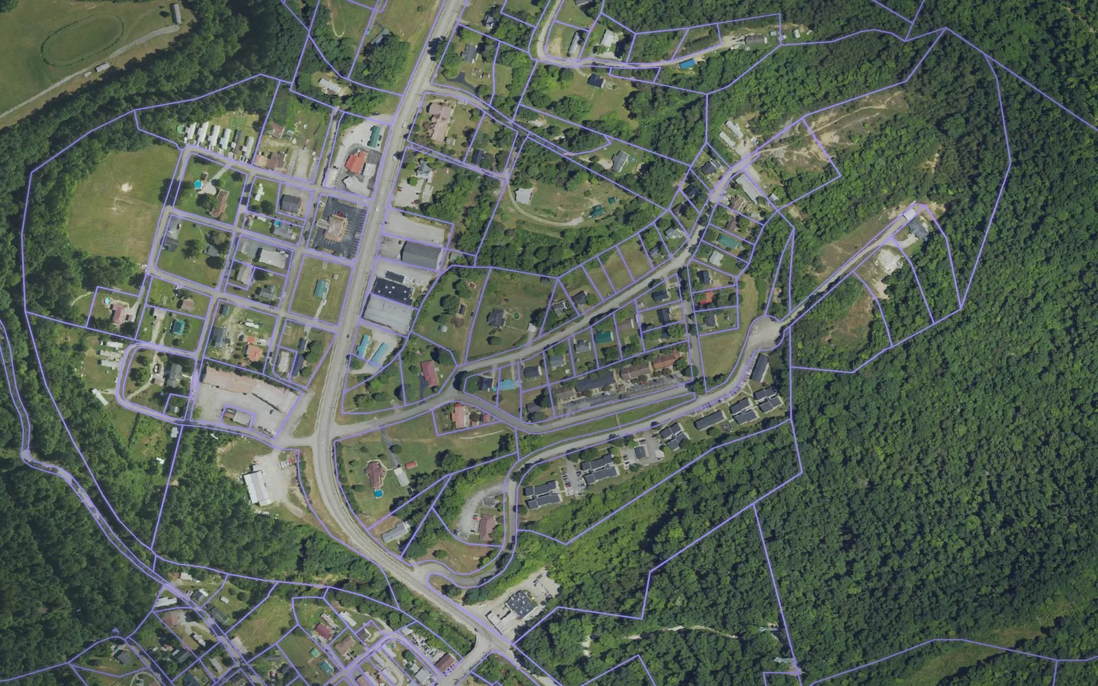 Parcel boundaries over aerial imagery of Elliott County, Kentucky