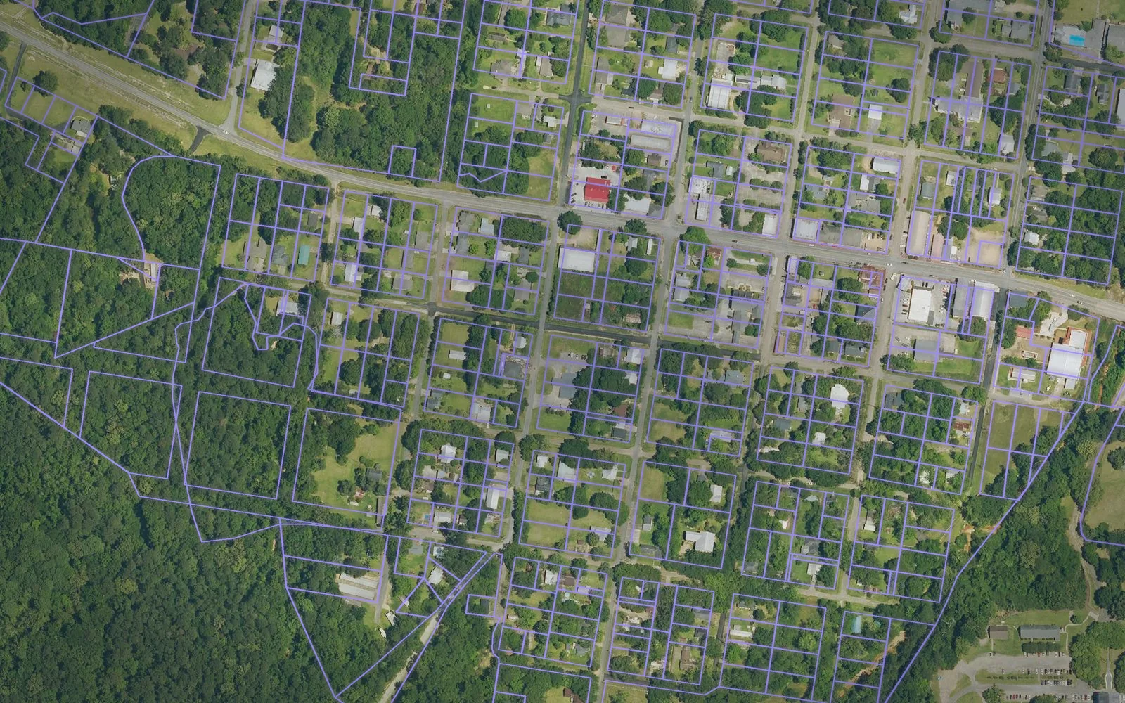 Parcel boundaries over aerial imagery of East Feliciana Parish, Louisiana