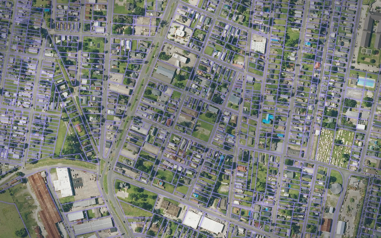 Parcel boundaries over aerial imagery of Lafourche Parish, Louisiana