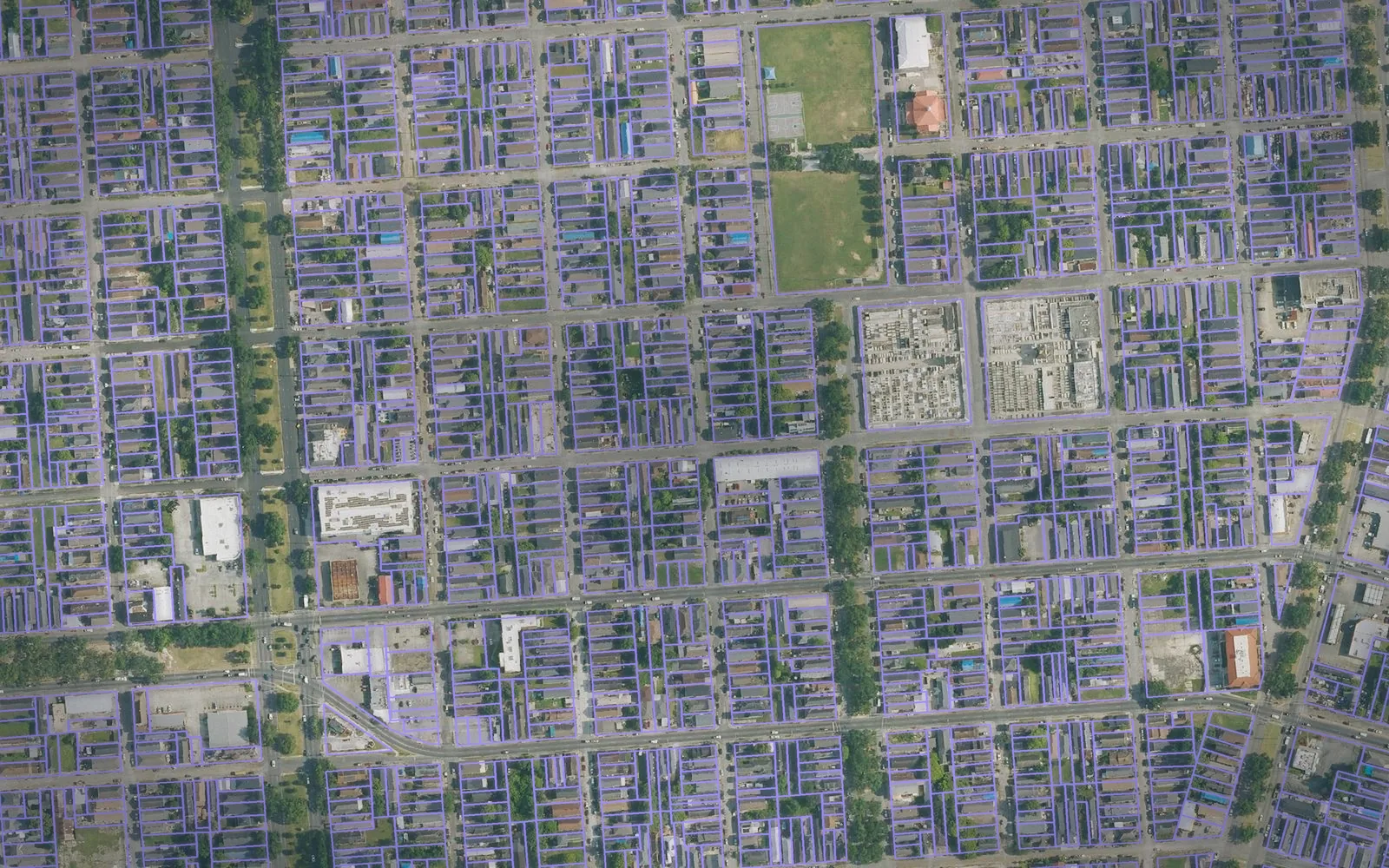 Parcel boundaries over aerial imagery of Orleans Parish, Louisiana
