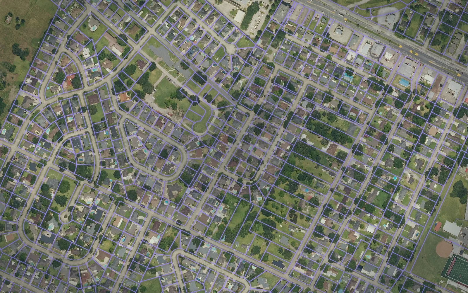 Parcel boundaries over aerial imagery of Plaquemines Parish, Louisiana