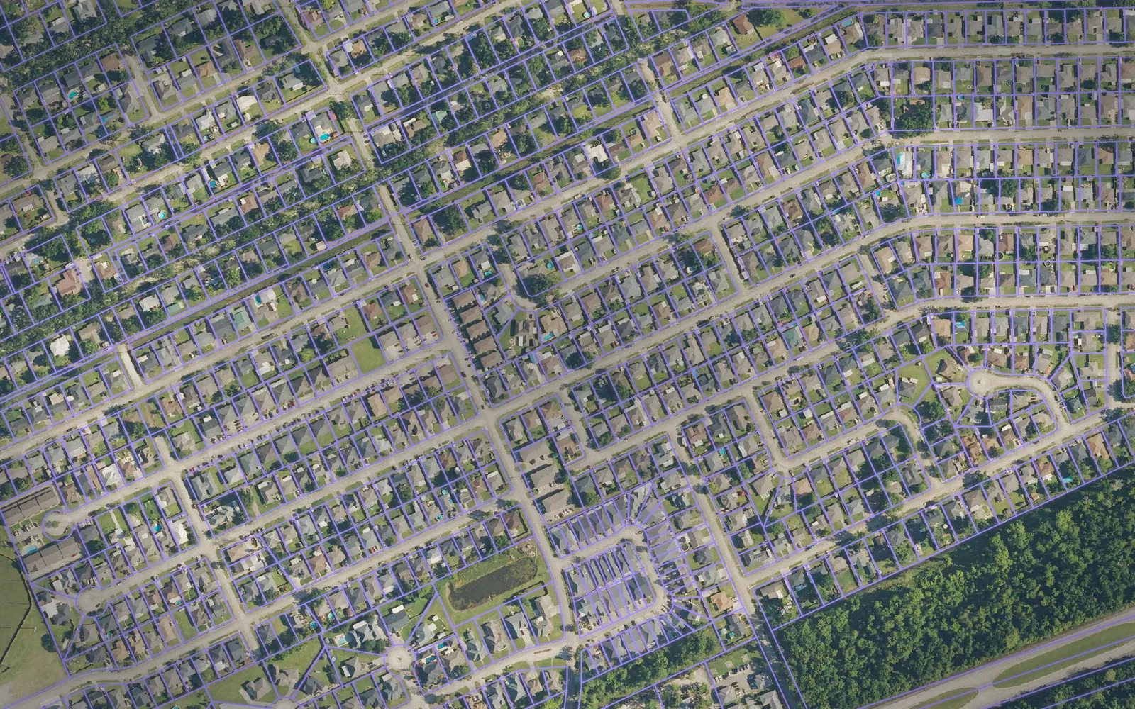 Parcel boundaries over aerial imagery of Terrebonne Parish, Louisiana