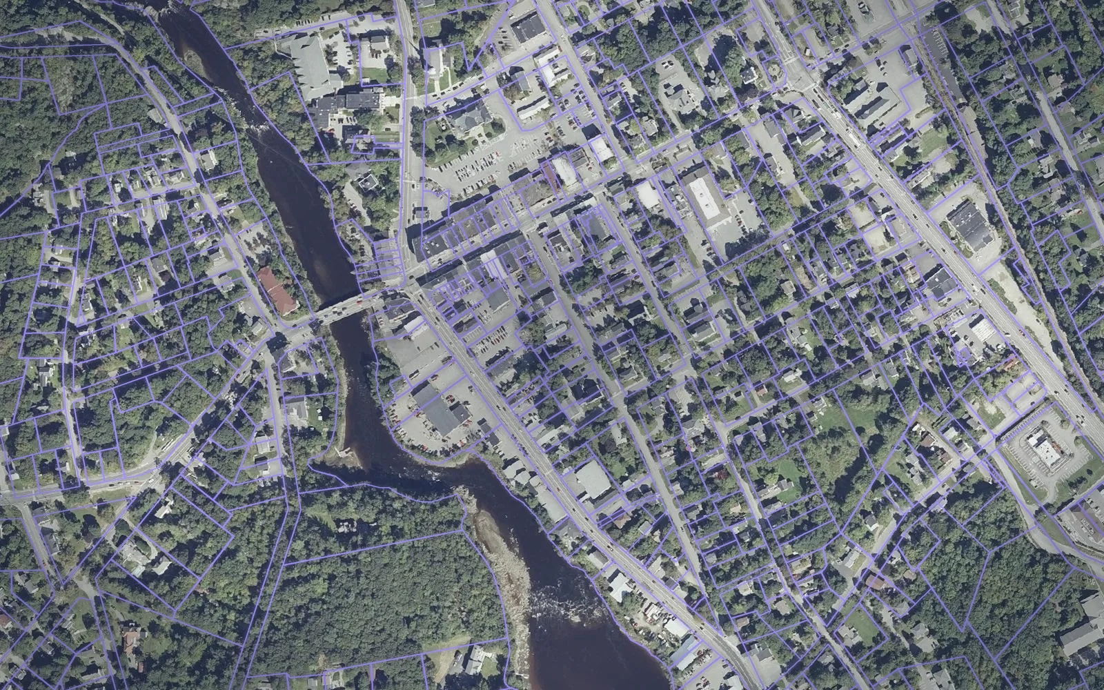 Parcel boundaries over aerial imagery of Hancock County, Maine