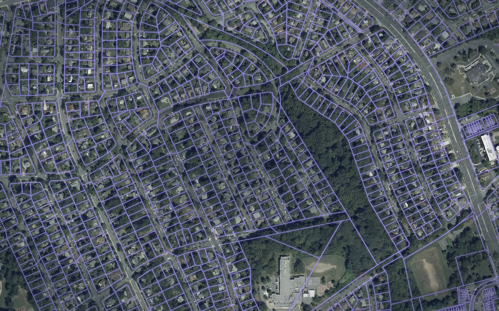 Parcel boundaries over aerial imagery of Montgomery County, Maryland