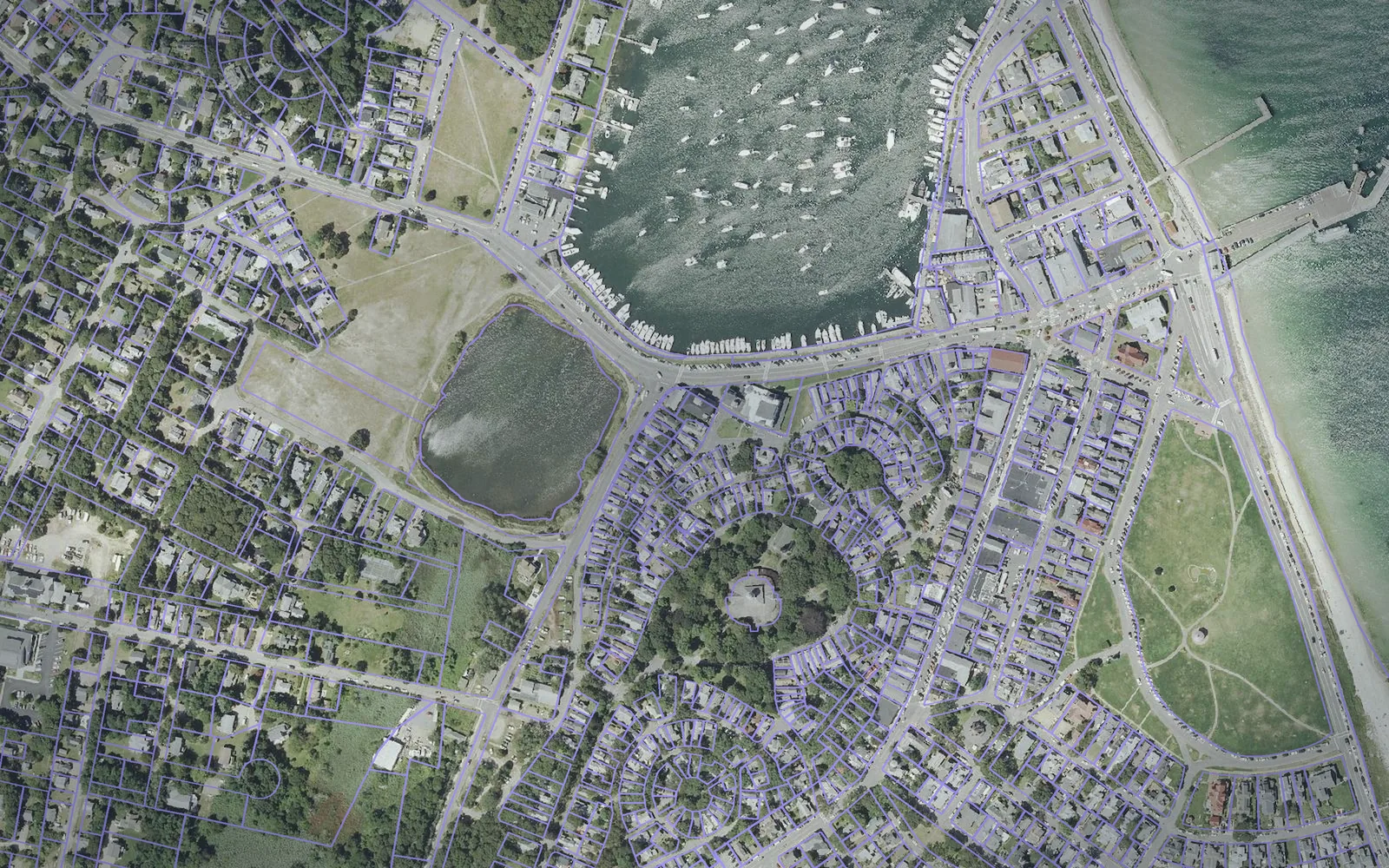 Parcel boundaries over aerial imagery of Dukes County, Massachusetts