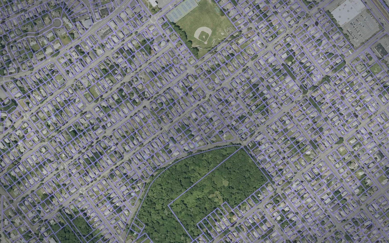 Parcel boundaries over aerial imagery of Norfolk County, Massachusetts
