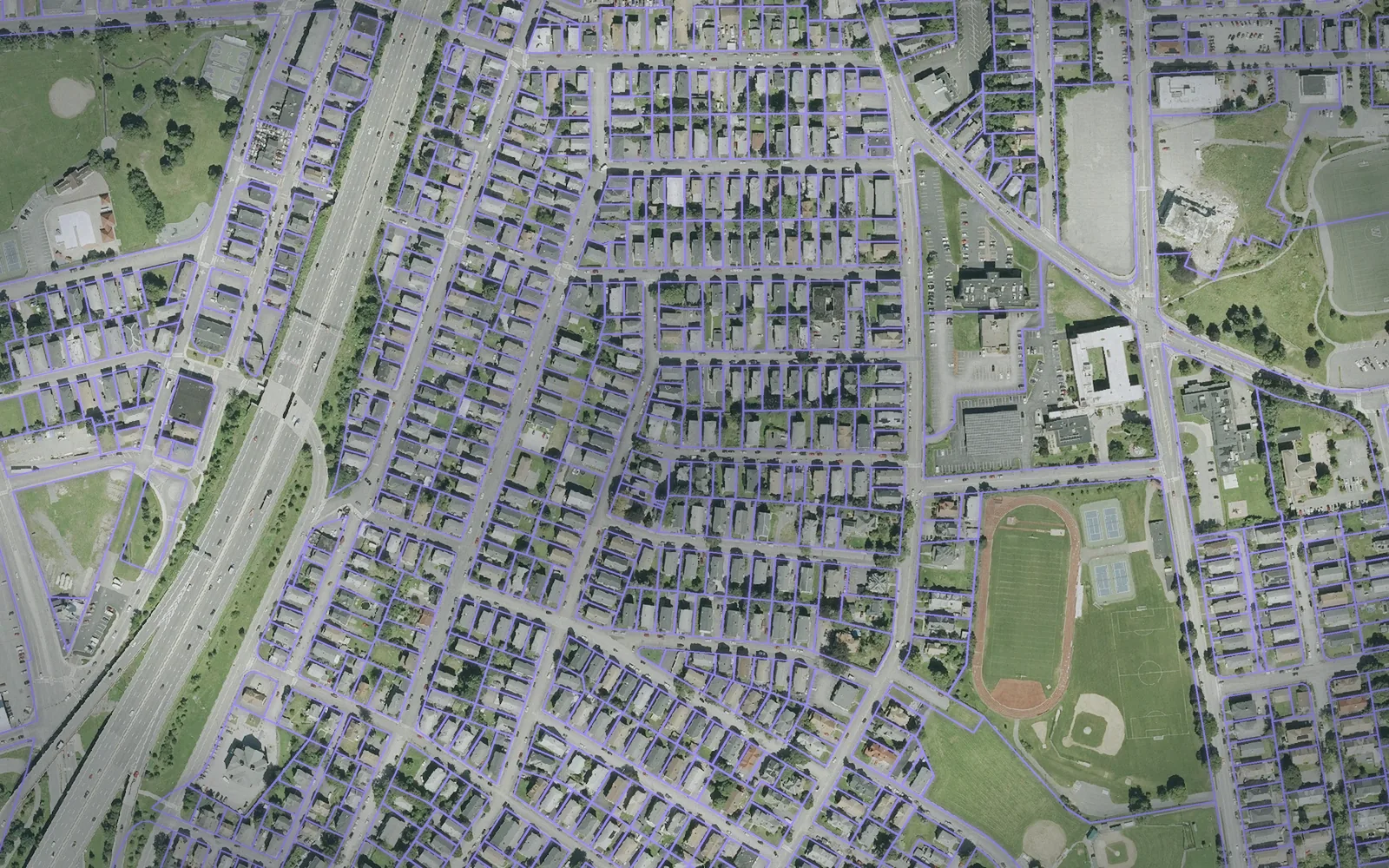 Parcel boundaries over aerial imagery of Worcester County, Massachusetts