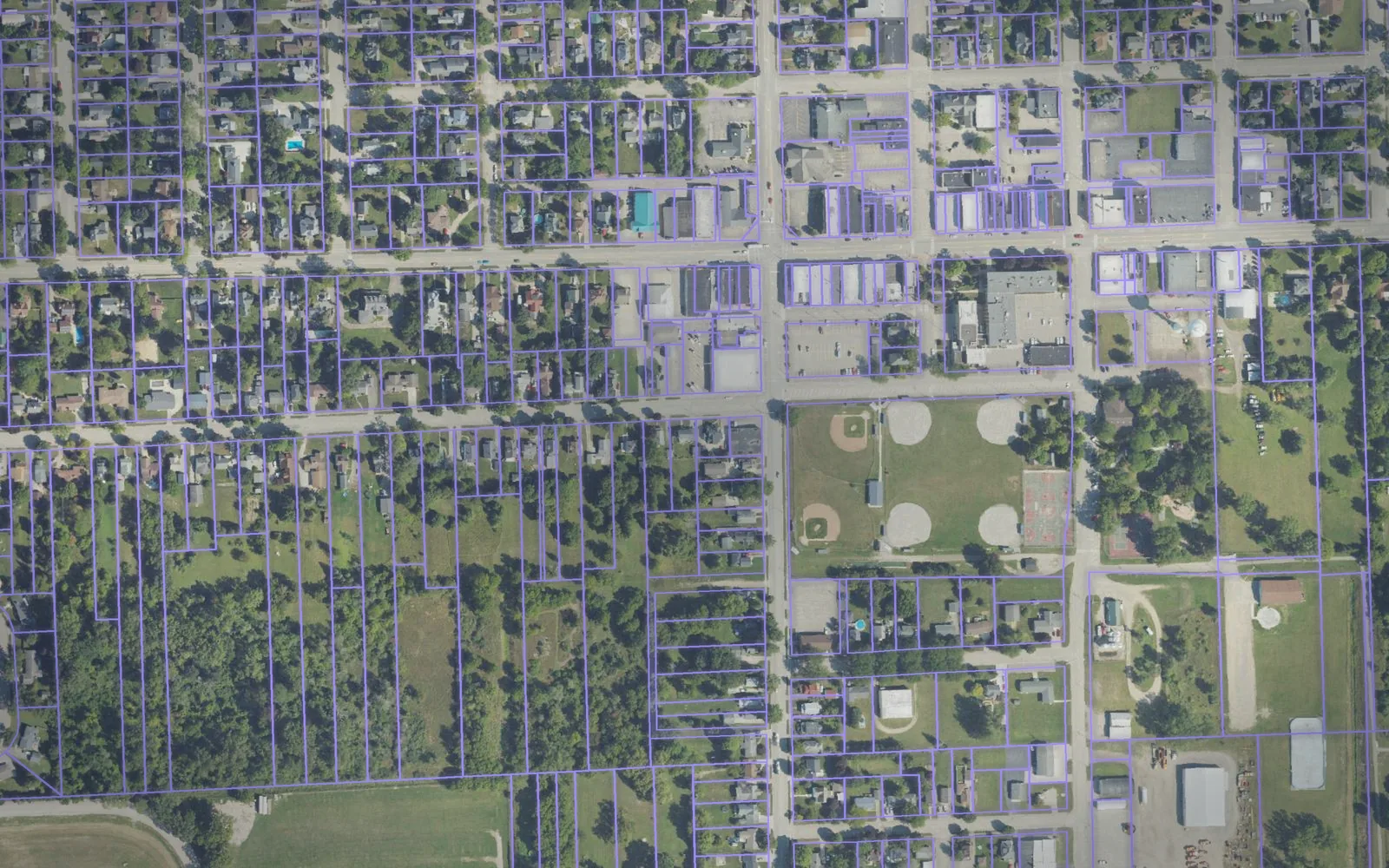 Parcel boundaries over aerial imagery of Huron County, Michigan