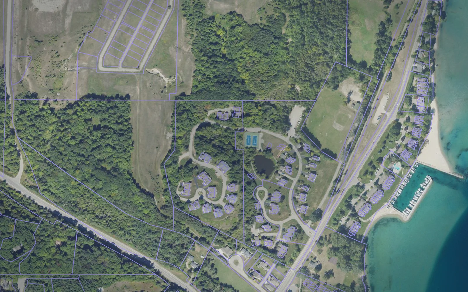 Parcel boundaries over aerial imagery of Leelanau County, Michigan
