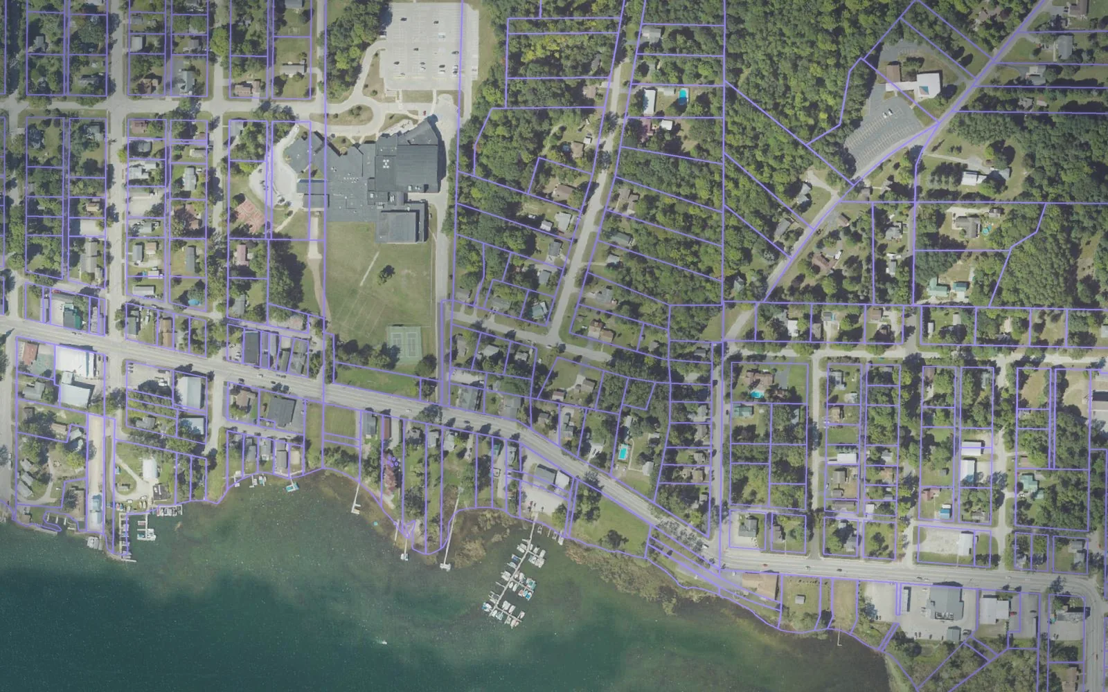 Parcel boundaries over aerial imagery of Manistee County, Michigan