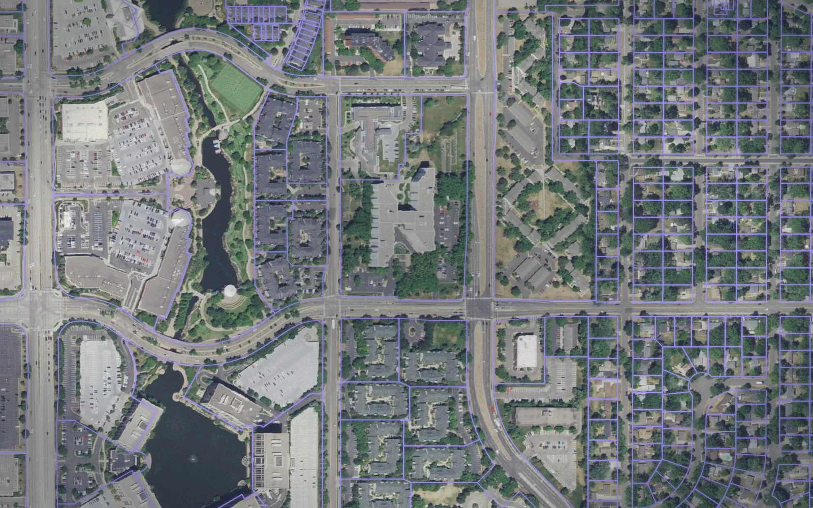Parcel boundaries over aerial imagery of Hennepin County, Minnesota