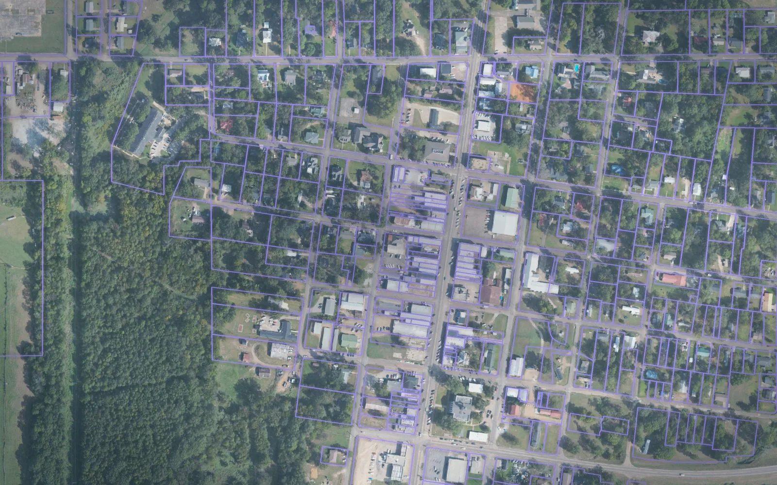 Parcel boundaries over aerial imagery of Noxubee County, Mississippi