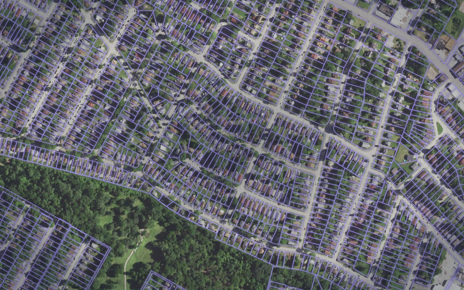 Parcel boundaries over aerial imagery of St. Louis County, Missouri