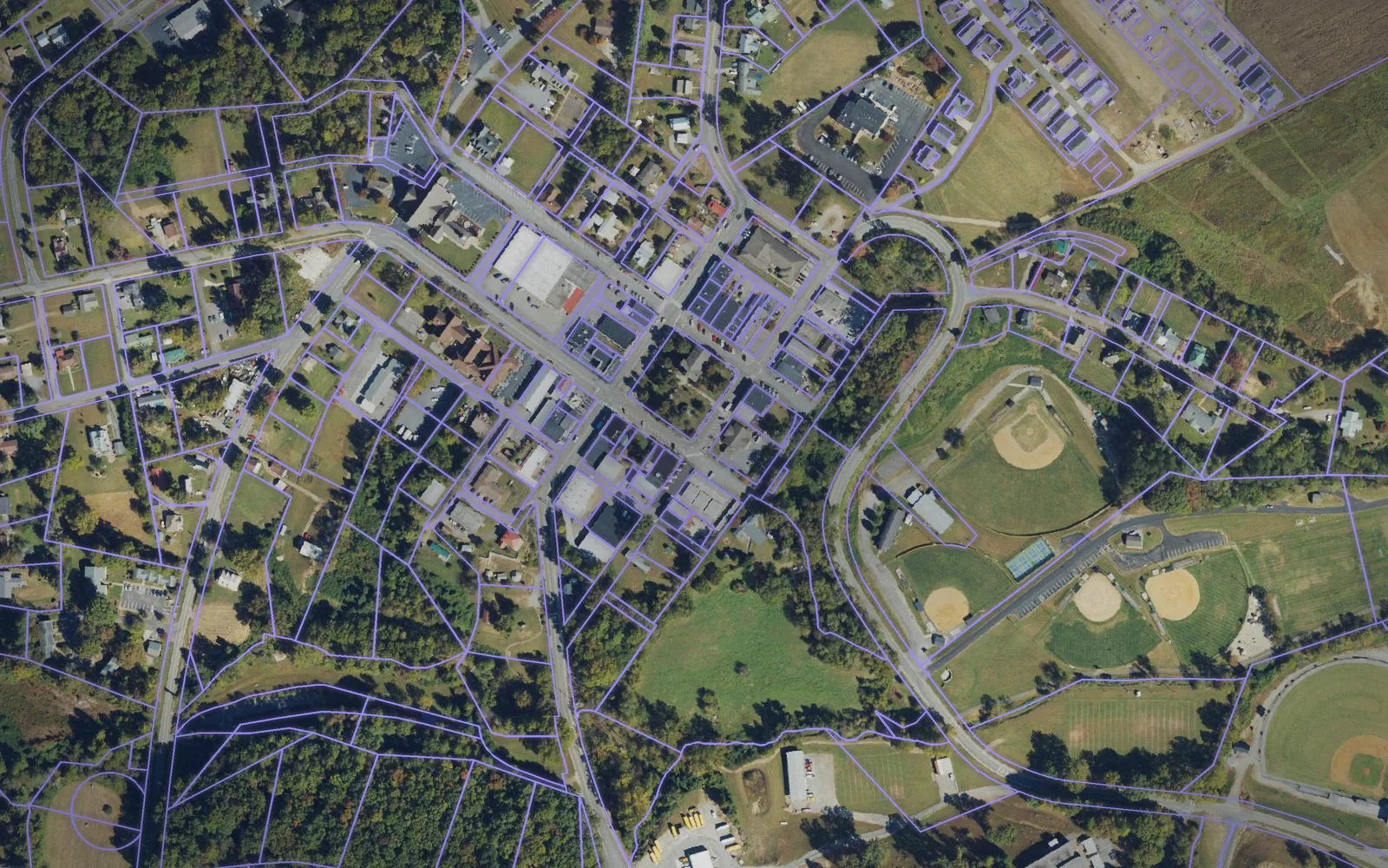 Parcel boundaries over aerial imagery of Clay County, North Carolina