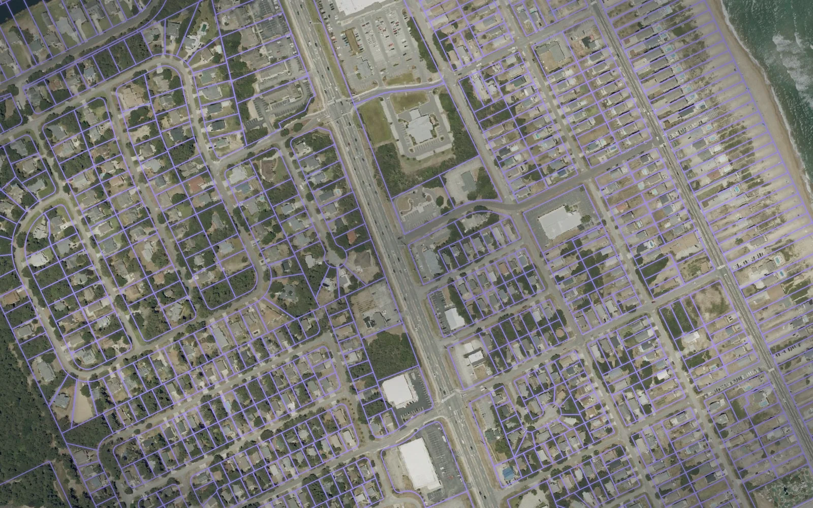 Parcel boundaries over aerial imagery of Dare County, North Carolina