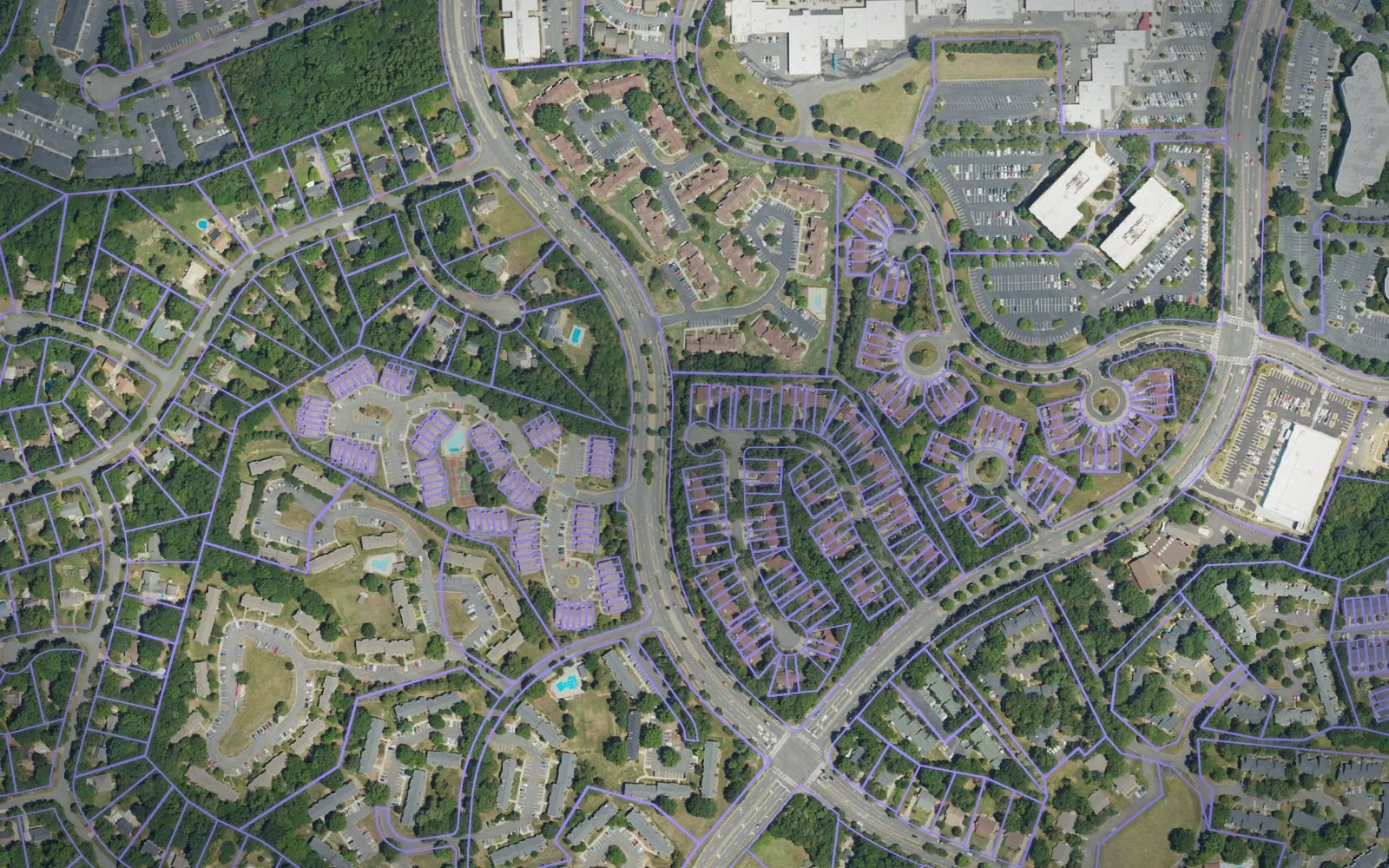Parcel boundaries over aerial imagery of Mecklenburg County, North Carolina