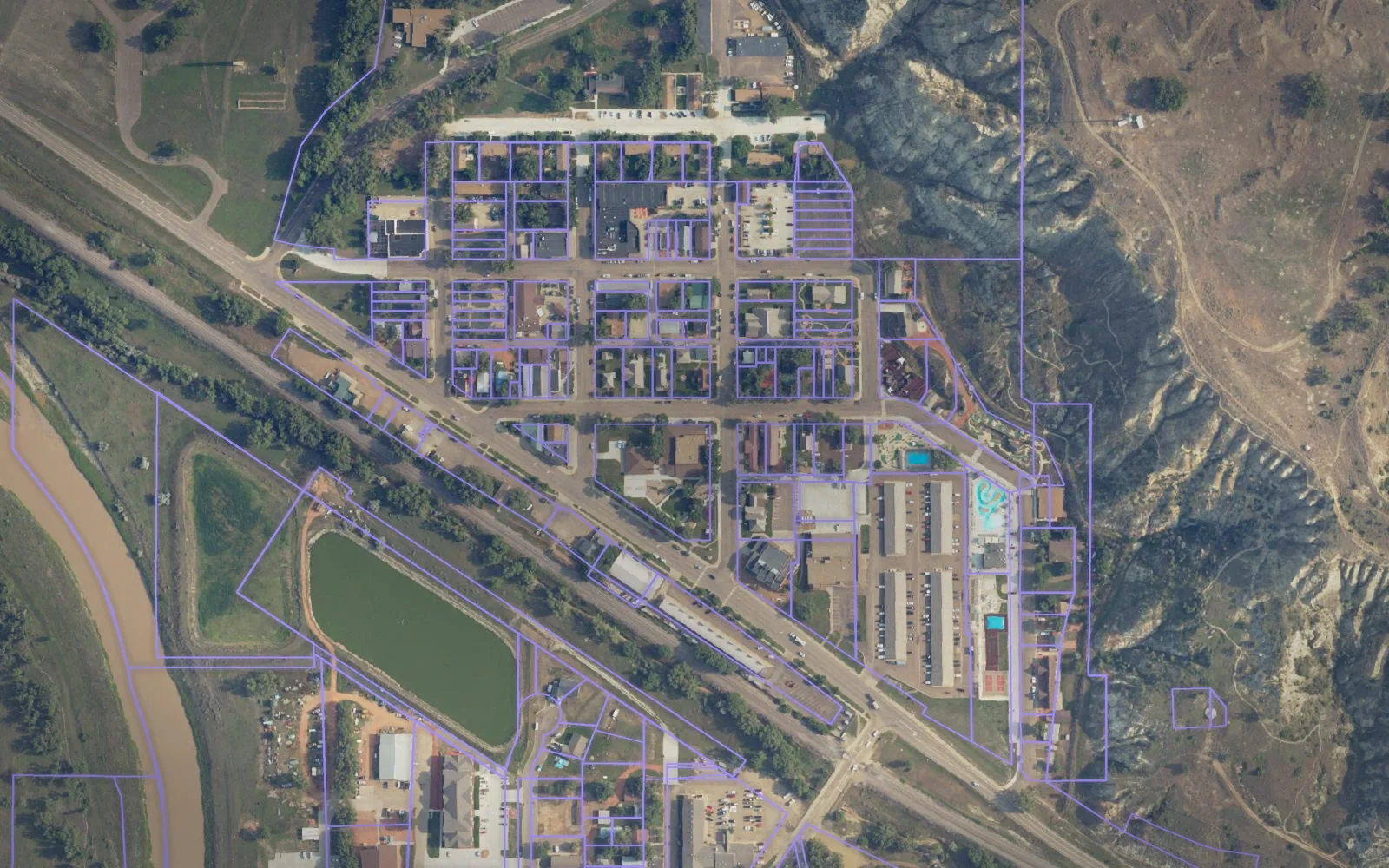 Parcel boundaries over aerial imagery of Billings County, North Dakota