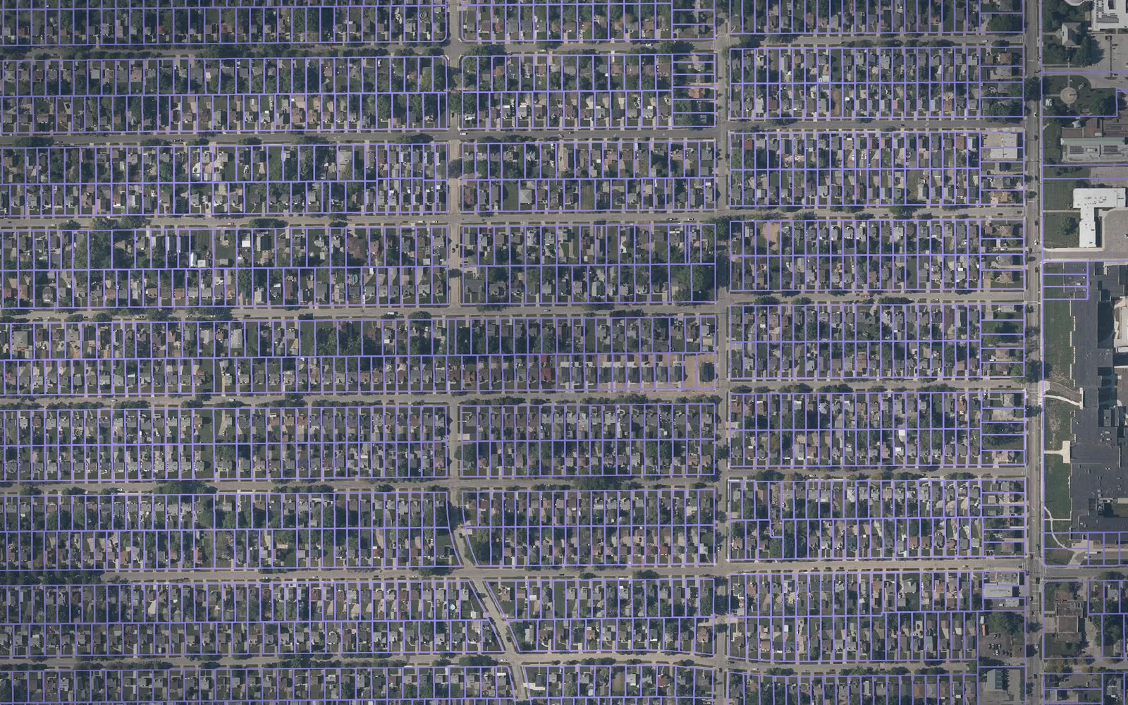 Parcel boundaries over aerial imagery of Cuyahoga County, Ohio