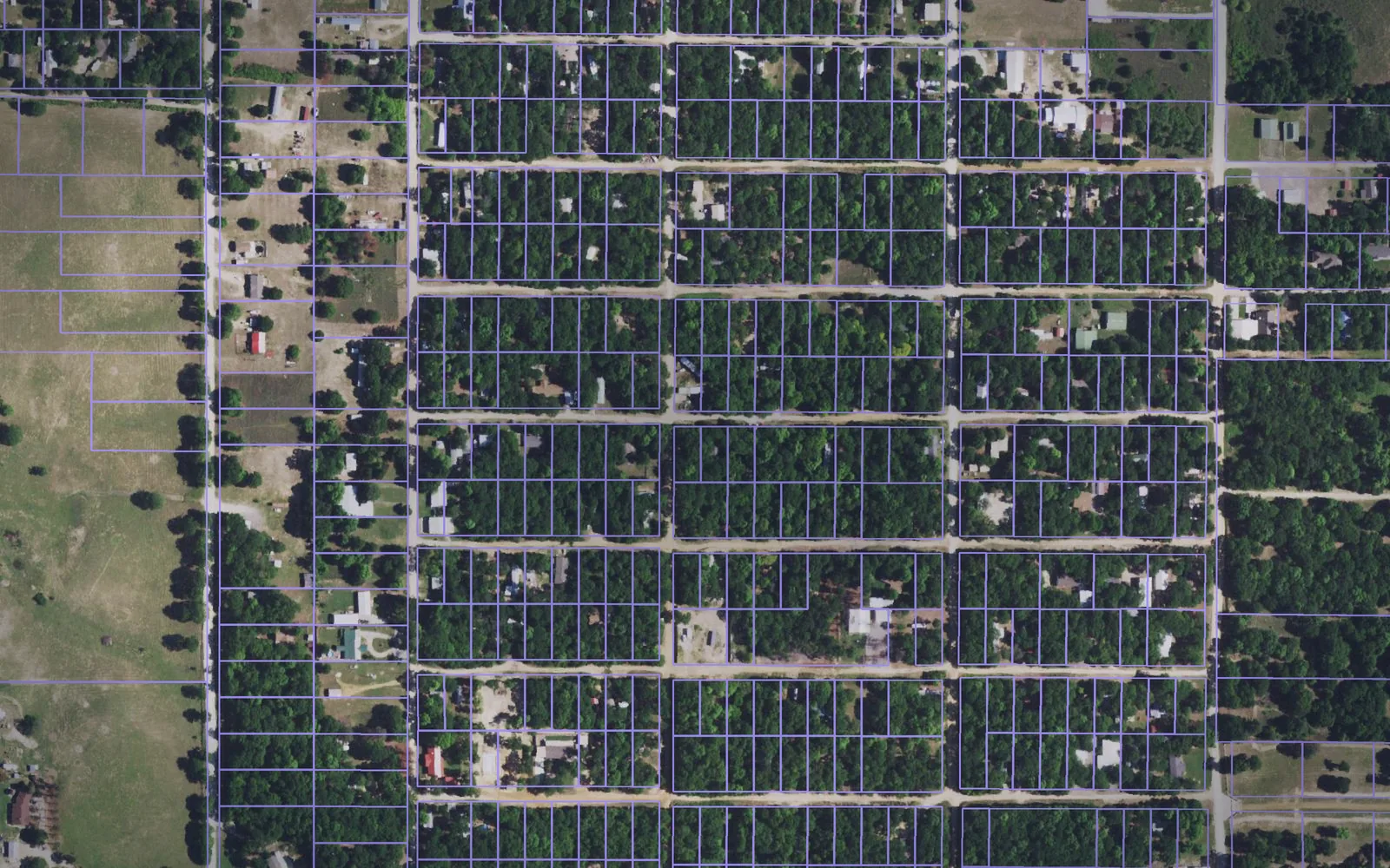 Parcel boundaries over aerial imagery of Marshall County, Oklahoma