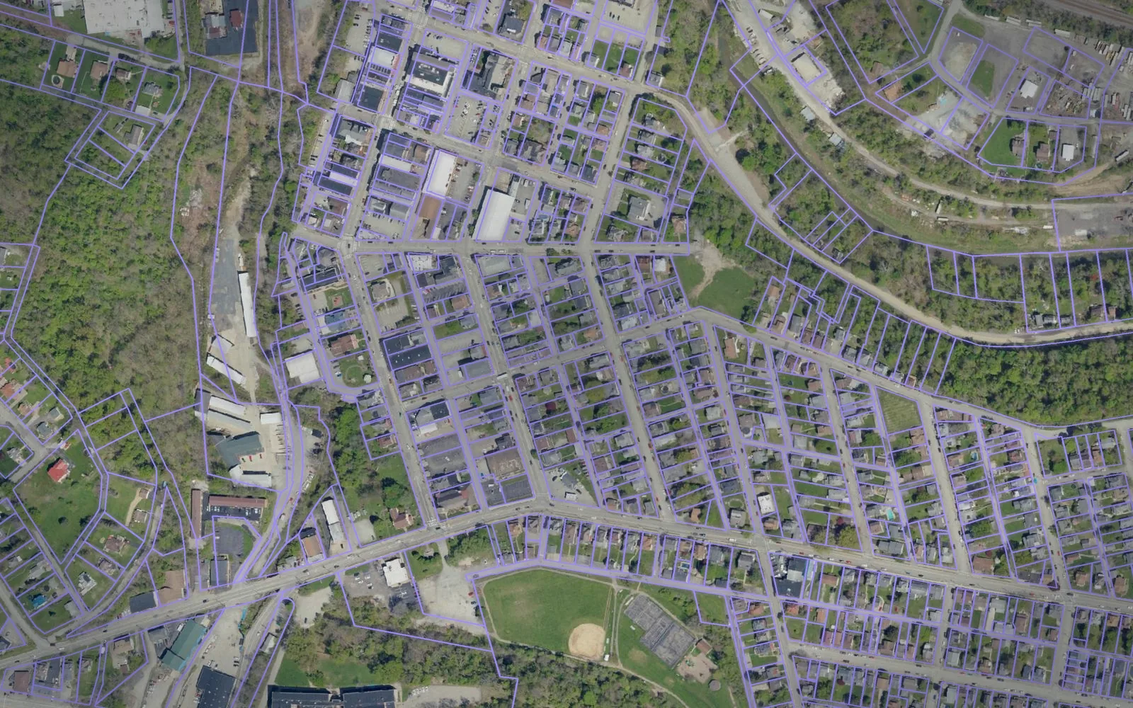 Parcel boundaries over aerial imagery of Westmoreland County, Pennsylvania