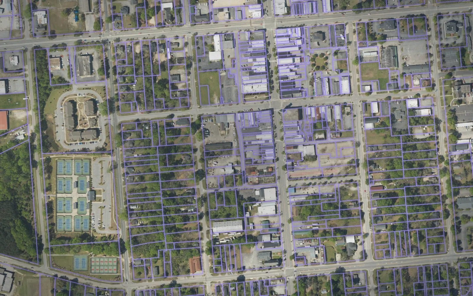 Parcel boundaries over aerial imagery of Kershaw County, South Carolina