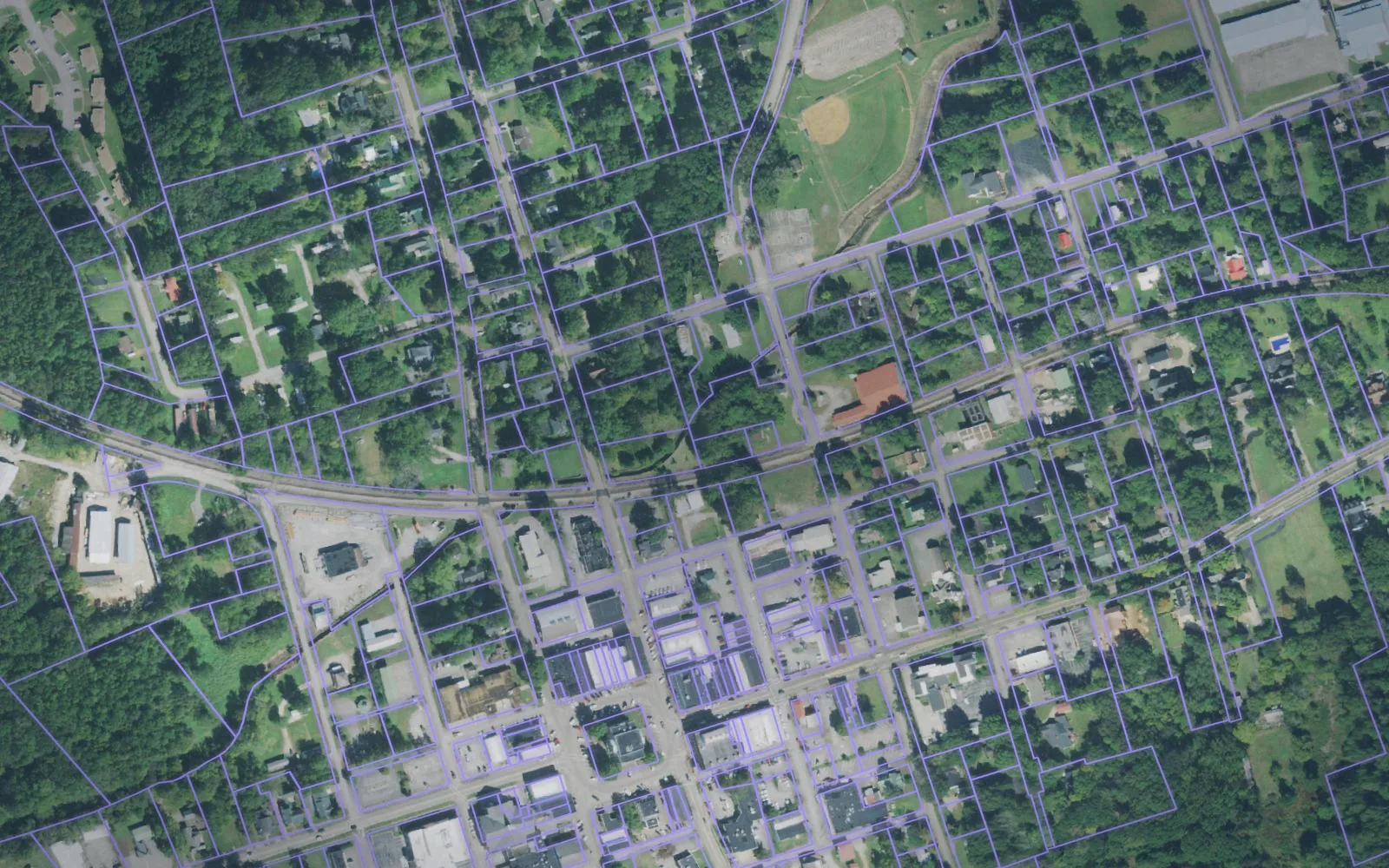 Parcel boundaries over aerial imagery of Carroll County, Tennessee