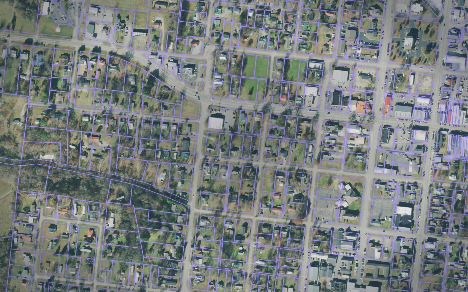 Parcel boundaries over aerial imagery of Lewis County, Tennessee