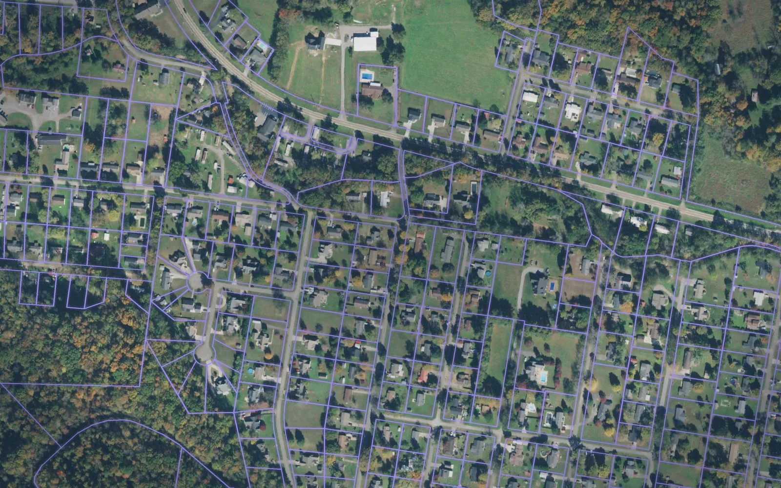 Parcel boundaries over aerial imagery of Marion County, Tennessee