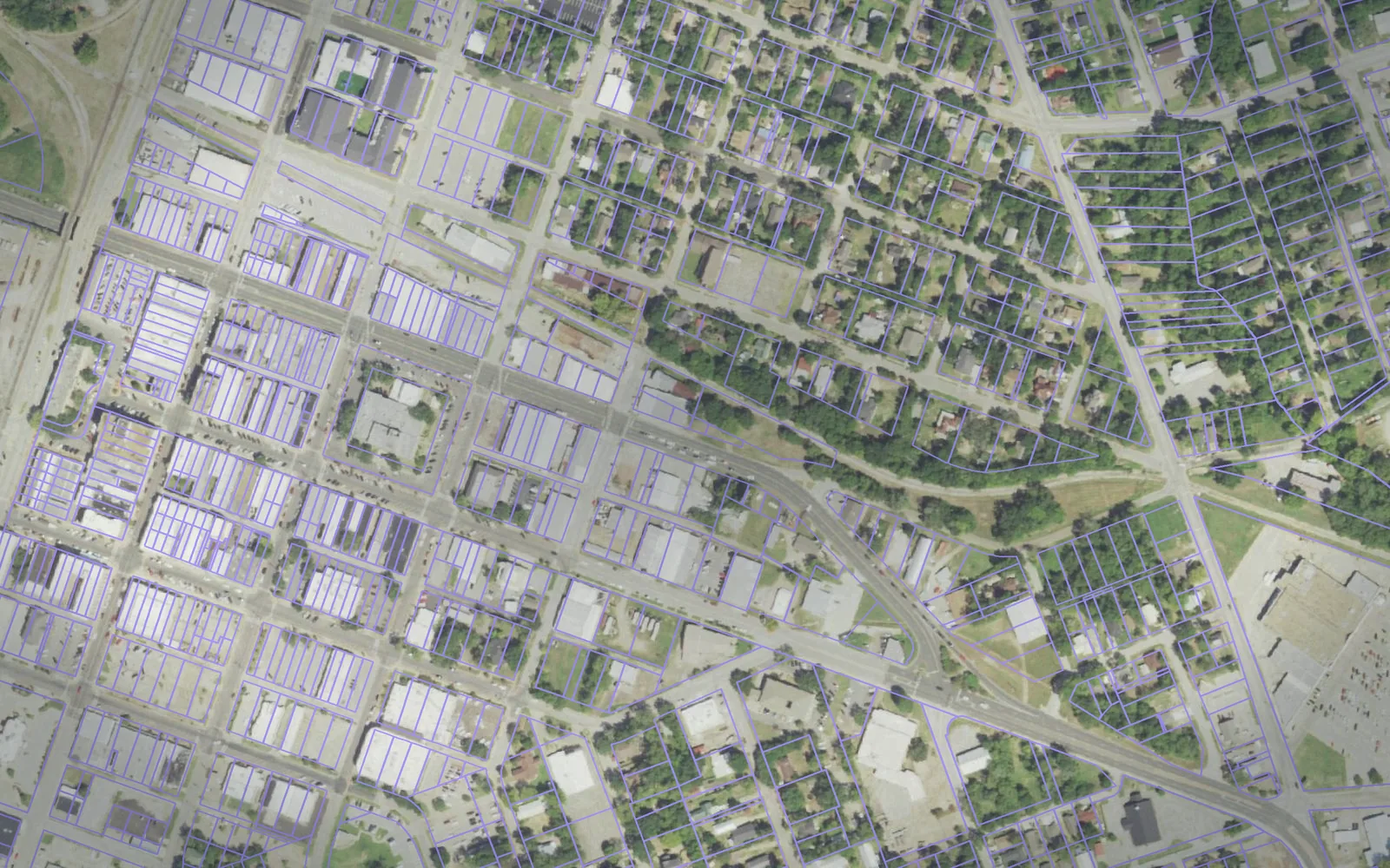 Parcel boundaries over aerial imagery of Angelina County, Texas