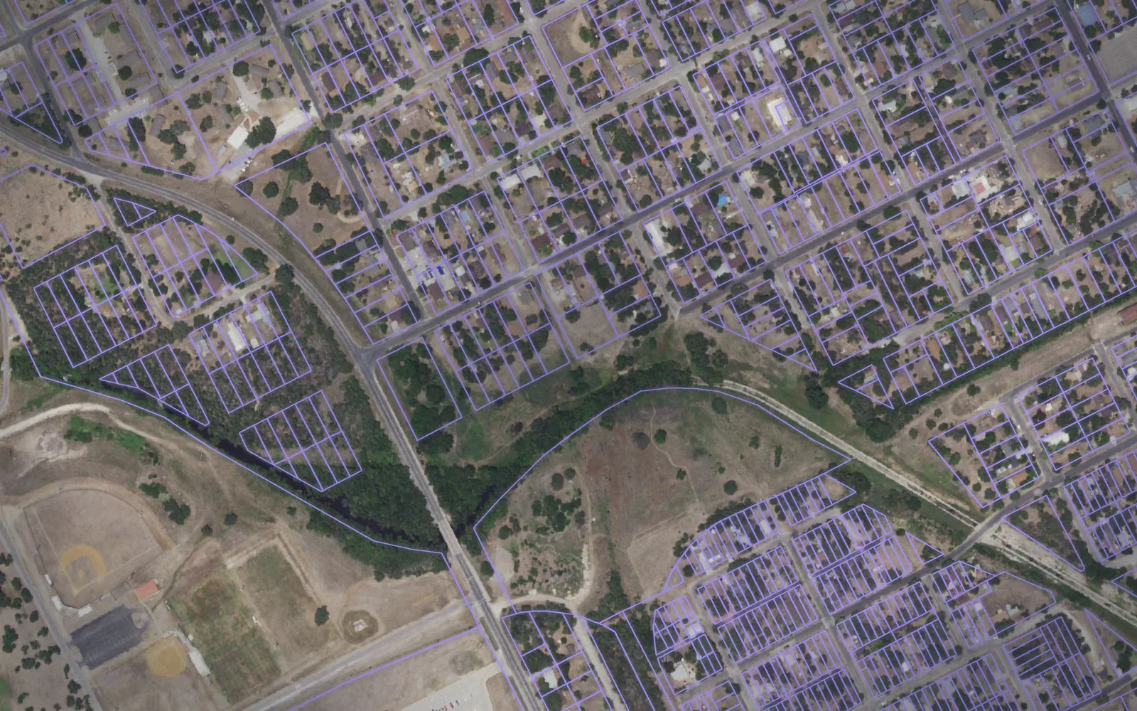 Parcel boundaries over aerial imagery of Bee County, Texas