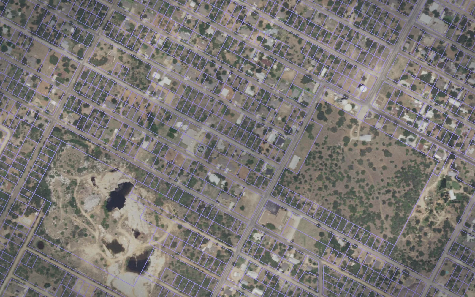 Parcel boundaries over aerial imagery of Burnet County, Texas