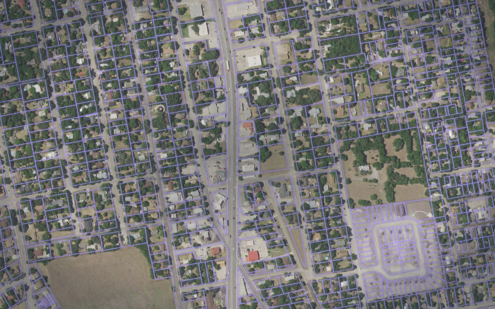 Parcel boundaries over aerial imagery of Caldwell County, Texas