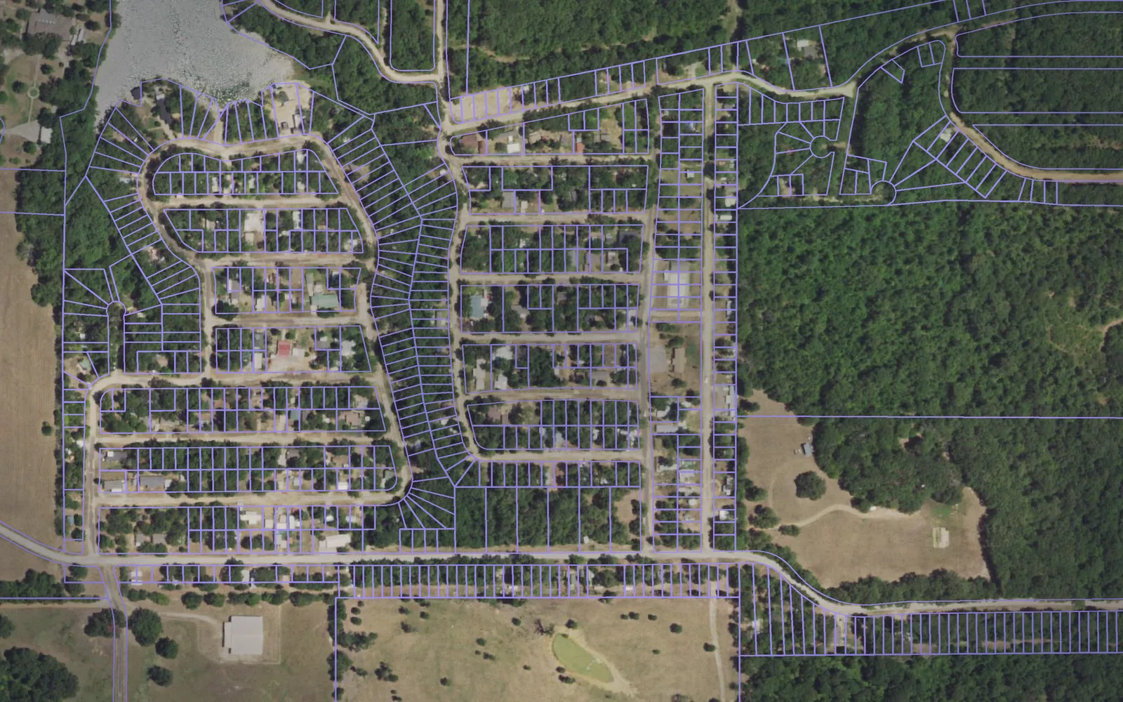 Parcel boundaries over aerial imagery of Camp County, Texas
