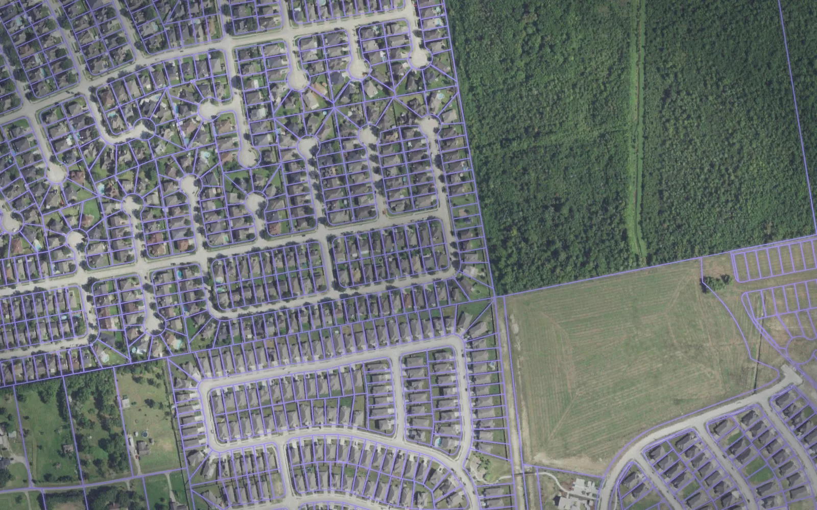 Parcel boundaries over aerial imagery of Chambers County, Texas