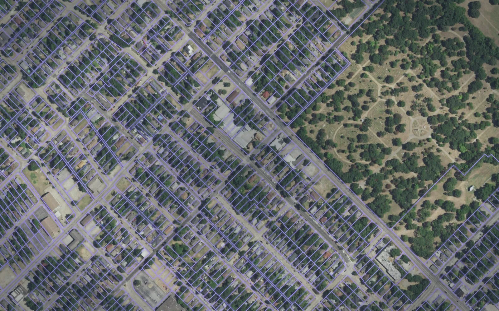 Parcel boundaries over aerial imagery of Dallas County, Texas