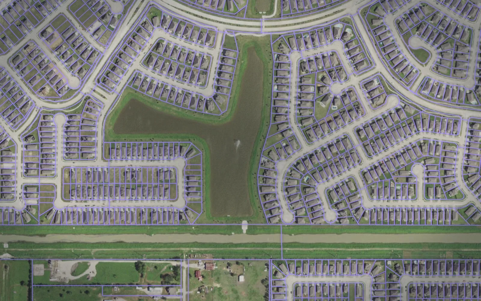 Parcel boundaries over aerial imagery of Galveston County, Texas