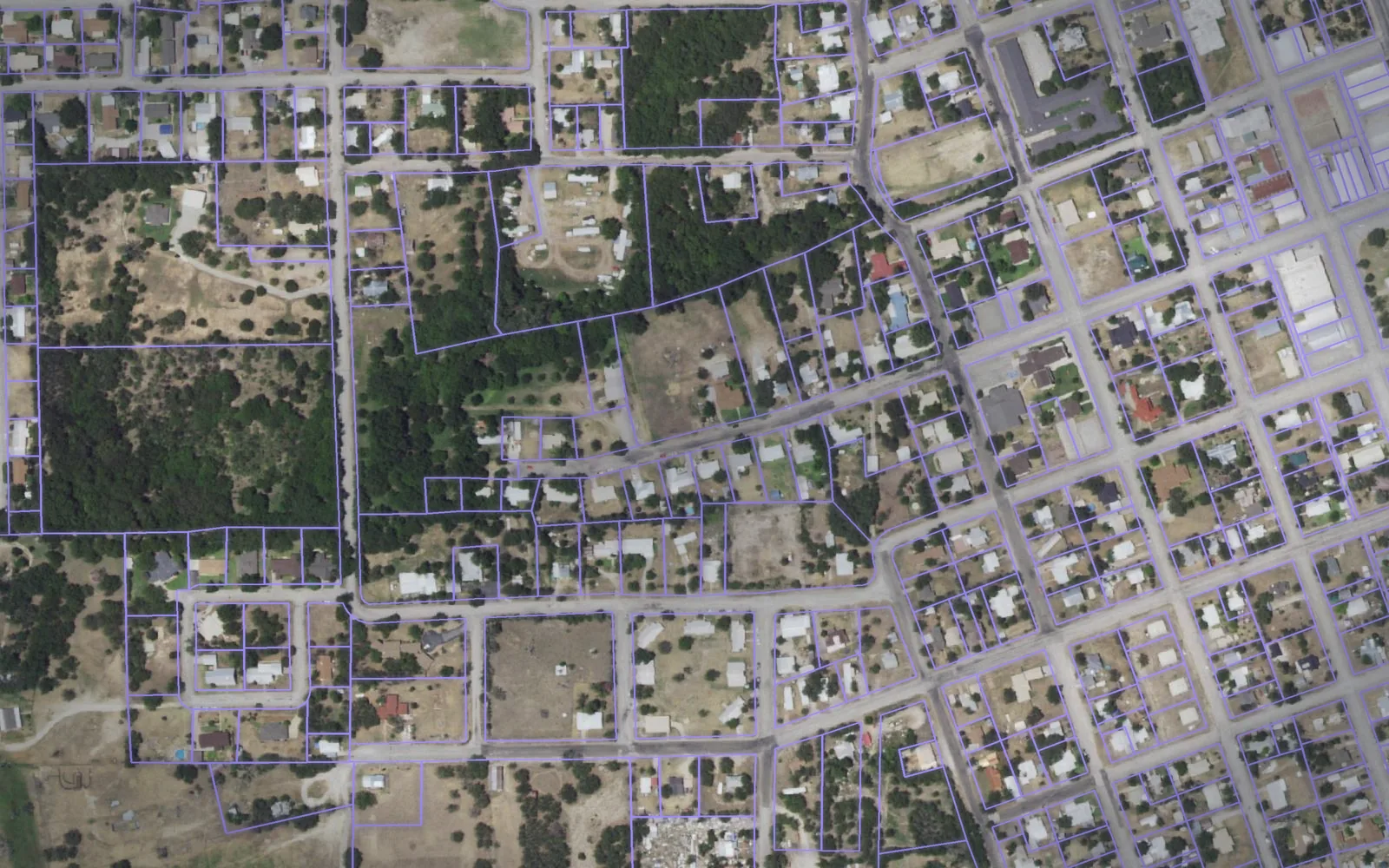 Parcel boundaries over aerial imagery of Mills County, Texas