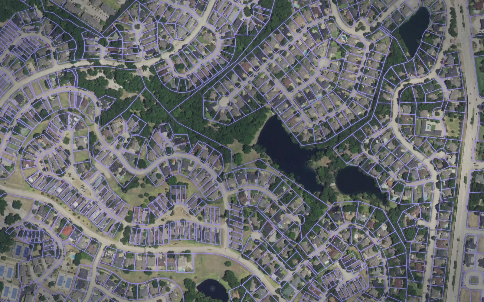 Parcel boundaries over aerial imagery of Rockwall County, Texas