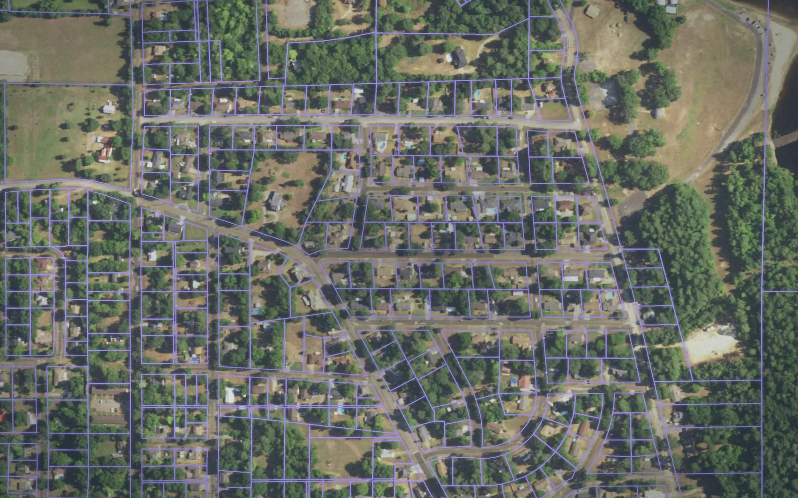 Parcel boundaries over aerial imagery of Upshur County, Texas